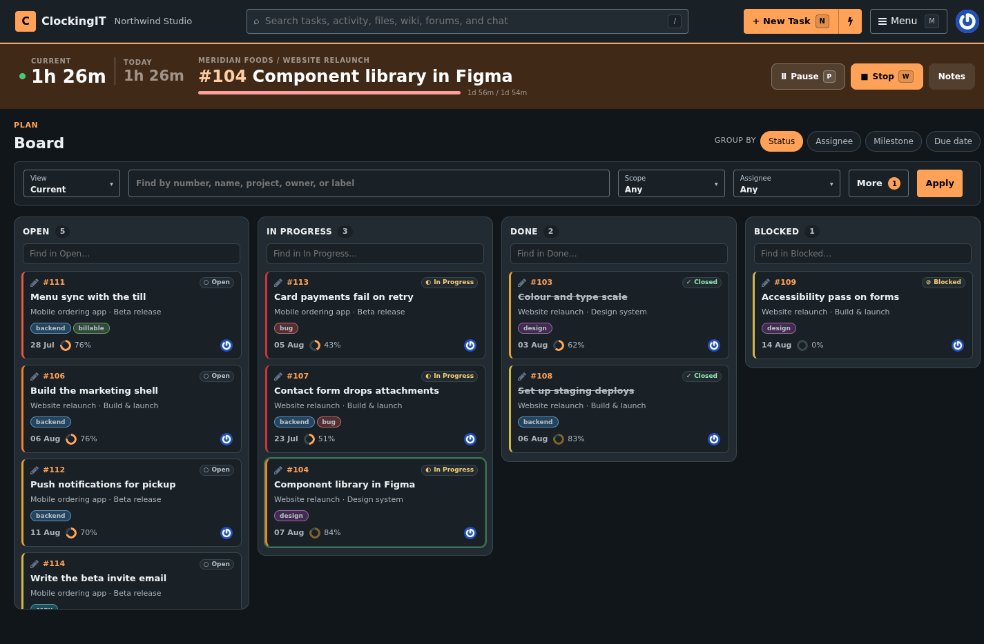A Kanban board with Open, In Progress, Done and Blocked columns of task cards.